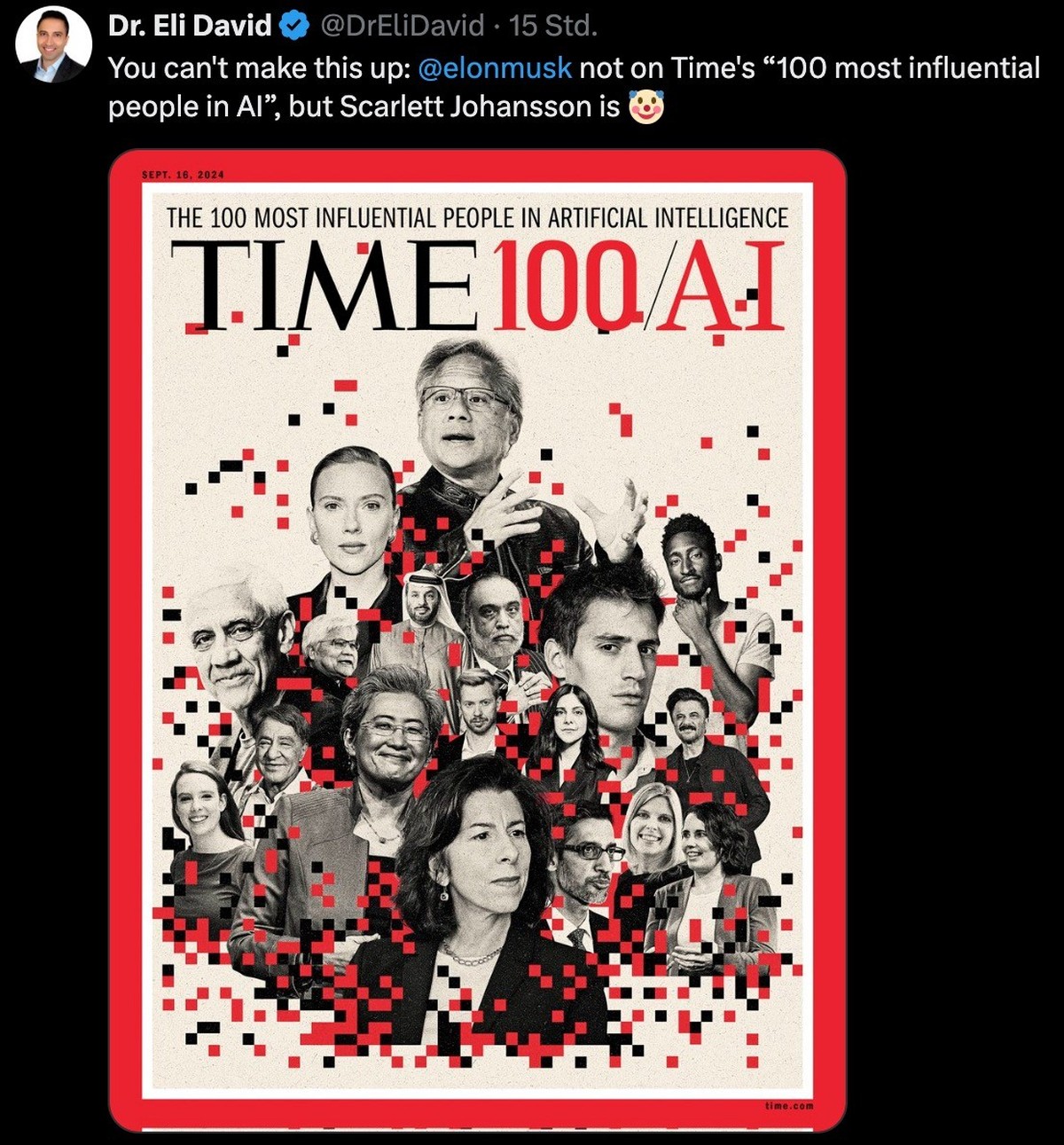 Elon Musk laut «Time»-Magazin nicht unter den 100 einflussreichsten Menschen in Sachen KI (Künstlicher Intelligenz).