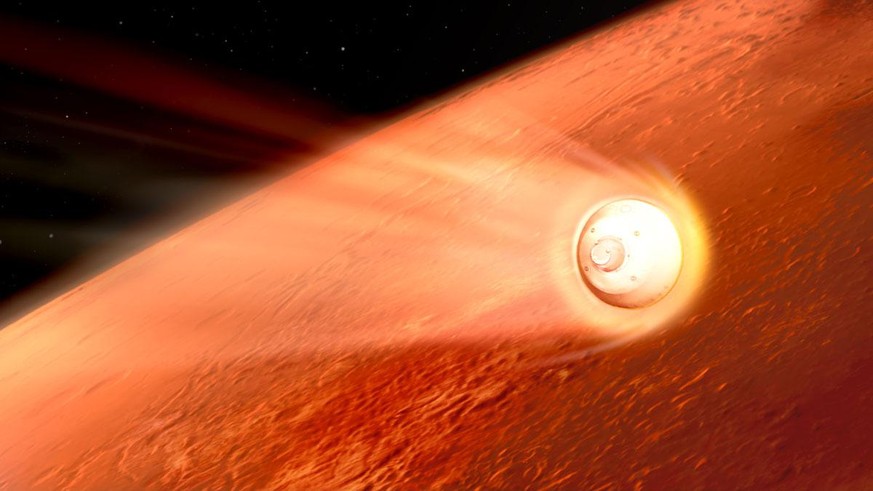 Der Hitzeschild der Raumsonde erhitzt sich beim Eintritt in die Mars-Atmosphäre.