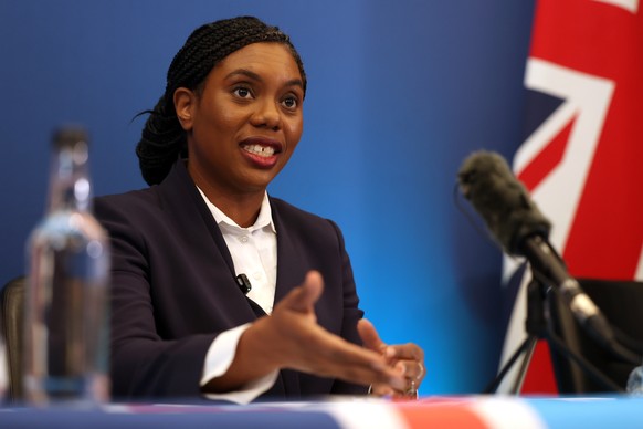 epa12117199 British Conservative Party leader Kemi Badenoch addresses a press conference following the UK-EU Summit, in London, Britain, 19 May 2025. Opposition leader Badenoch suggested that the Labo ...