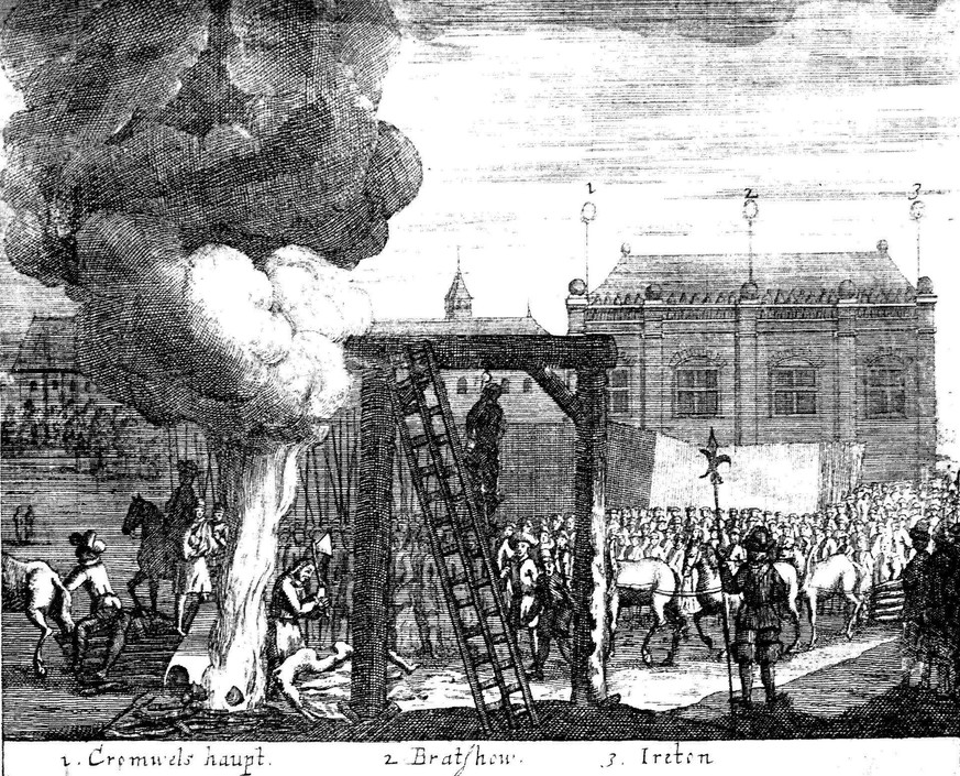 Die Nummern zeigen den entsprechenden Platz, den die aufgespiessten Köpfe von Oliver Cromwell, Henry Ireton und John Bradshaw 1661 auf der Westminster Hall bekamen.