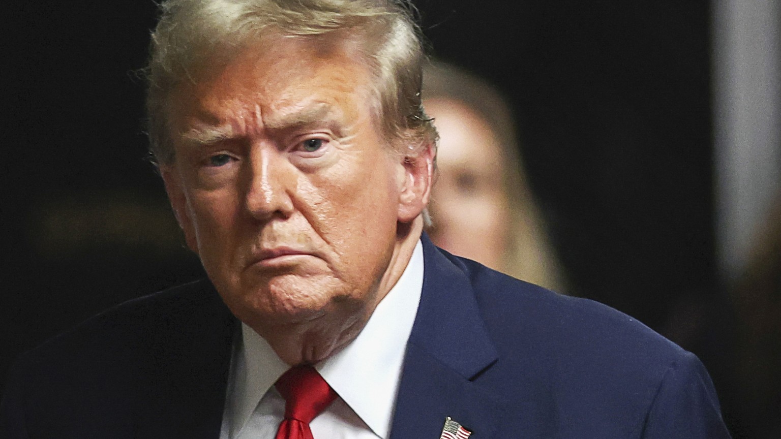 Former President Donald Trump looks on, at Manhattan criminal court, after the day&#039;s proceedings in his trial Thursday, May 16, 2024, in New York. (Mike Segar/Pool Photo via AP)
Donald Trump