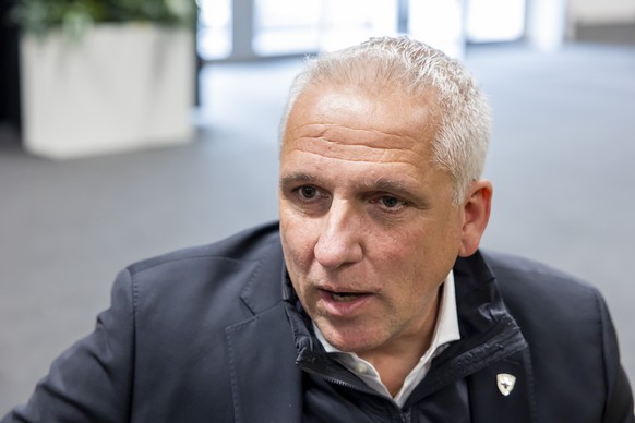 Marc-Anthony Anner, President of Swiss Ice Hockey Federation (SIHF), speaks with Keystone-ATS journalist during the IIHF 2025 World Championship preliminary round, at the Jyske Bank Boxen, in Herning, ...