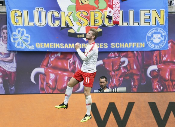 Leipzig&#039;s Timo Werner celebrates after scoring his side&#039;s second goal during the German first division Bundesliga soccer match between RB Leipzig and Hannover 96 in Leipzig, Germany, Saturda ...