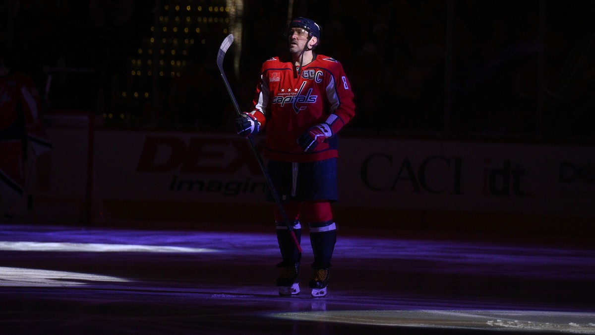 Washington Capitals left wing Alex Ovechkin stands on the ice before an NHL hockey game against the Vancouver Canucks, Wednesday, Jan. 8, 2025, in Washington. (AP Photo/Nick Wass)
