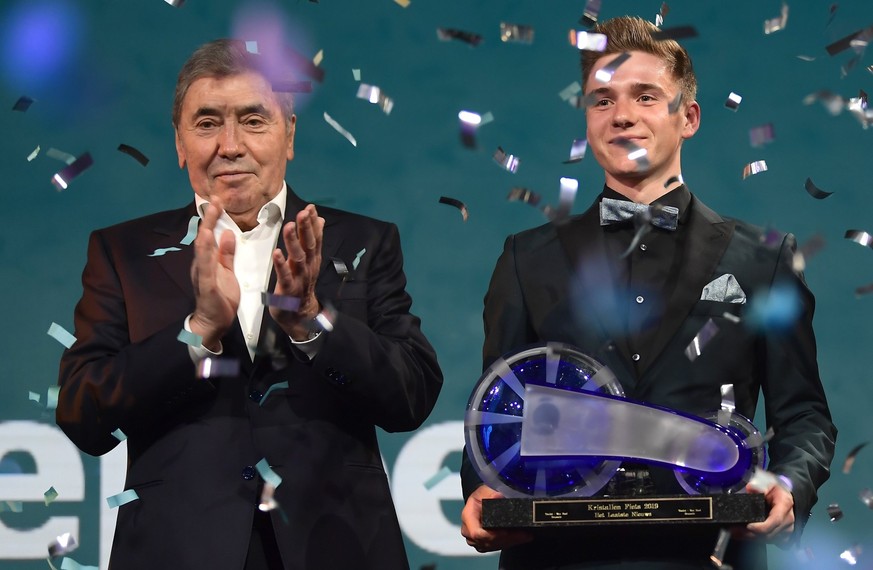 Eddy Merckx hands out the Kristallen Fiets Trophy to Remco Evenepoel during the annual trophy named De Kristallen Fiets by the newspaper Het Laatste Nieuws for the best cyclist 2019 at the VTM studio  ...