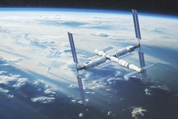 Chinesisches Tianhe-Kernmodul der Raumstation Tiangong - Flug über die Philippinen. Dies ist ein vollständig 3D-generiertes Bild. Das Hintergrundbild stammt von Nasa - https://www.nasa.gov/image-featu ...
