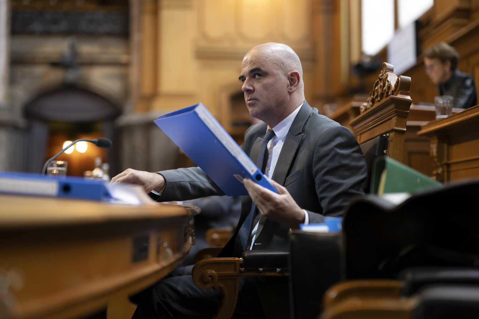 Bundespraesident Alain Berset waehrend der Fruehlingssession der Eidgenoessischen Raete, am Dienstag, 14. Maerz 2023 im Staenderat in Bern. (KEYSTONE/Anthony Anex)