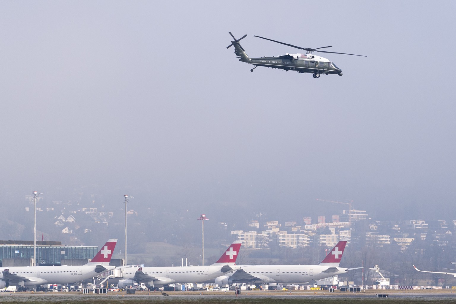 The Marine One helicopter carrying US President Donald Trump departs from the Zurich Airport for the 56th annual meeting of the World Economic Forum, WEF, in Davos, Switzerland, Wednesday, January 21, ...