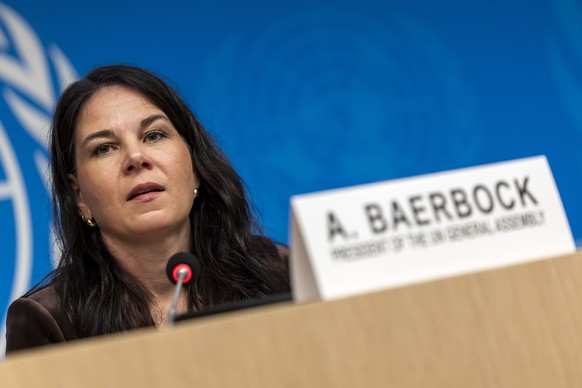 epa12772866 President of the United Nations General Assembly Annalena Baerbock speaks during a press conference at the 61st session of the UN Human Rights Council, at the European headquarters of the  ...