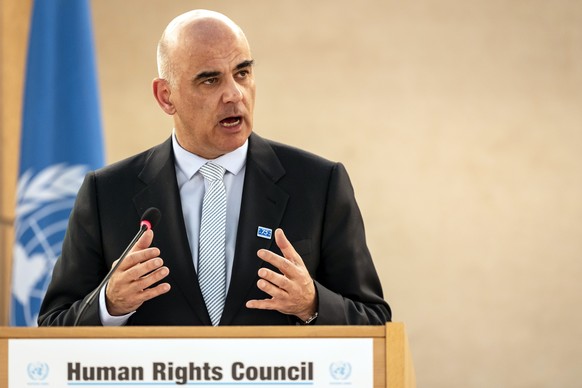 epa11924009 Secretary-General of the Council of Europe Alain Berset delivers a statement during a high-level segment of the 58th session of the Human Rights Council at the European headquarters of the ...