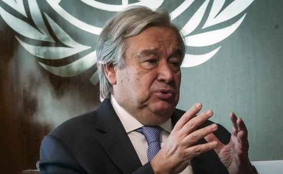 United Nations Secretary-General AntÃ3nio Guterres speaks during an interview, Wednesday Oct. 21, 2020, at U.N. headquarters. (AP Photo/Bebeto Matthews)
Guterres