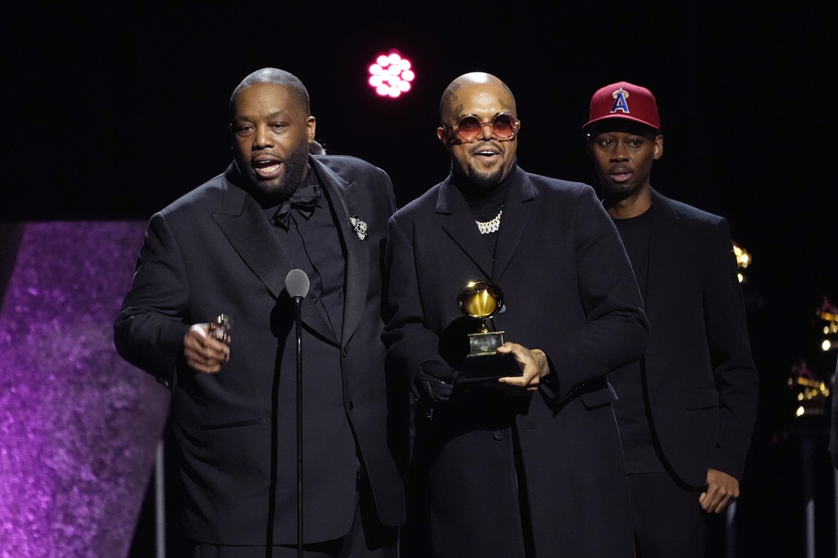 Killer Mike, left, and DJ Paul accepts the award for best rap performance for "Scientists &amp; Engineers" during the 66th annual Grammy Awards on Sunday, Feb. 4, 2024, in Los Angeles. (AP P ...