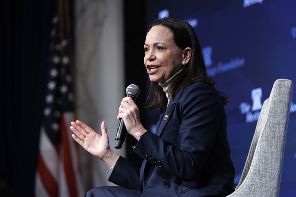 epa12654025 Venezuelan opposition leader Maria Corina Machado delivers remarks at the Heritage Foundation, Washington, DC, USA, 16 January 2026. EPA/WILL OLIVER