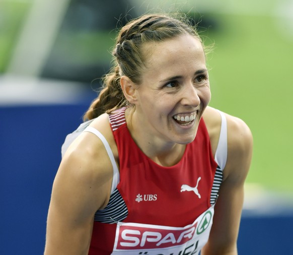 Switzerland&#039;s Selina Buechel reacts after competing in the women&#039;s 800m semi finals at the 2018 European Athletics Championships in the Olympiastadion stadium in Berlin, Germany, Wednesday,  ...