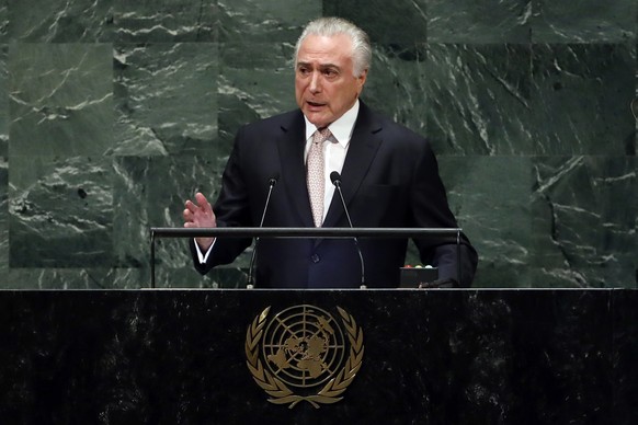 Brazil&#039;s President Michel Temer addresses the 73rd session of the United Nations General Assembly, at U.N. headquarters, Tuesday, Sept. 25, 2018. (AP Photo/Richard Drew)