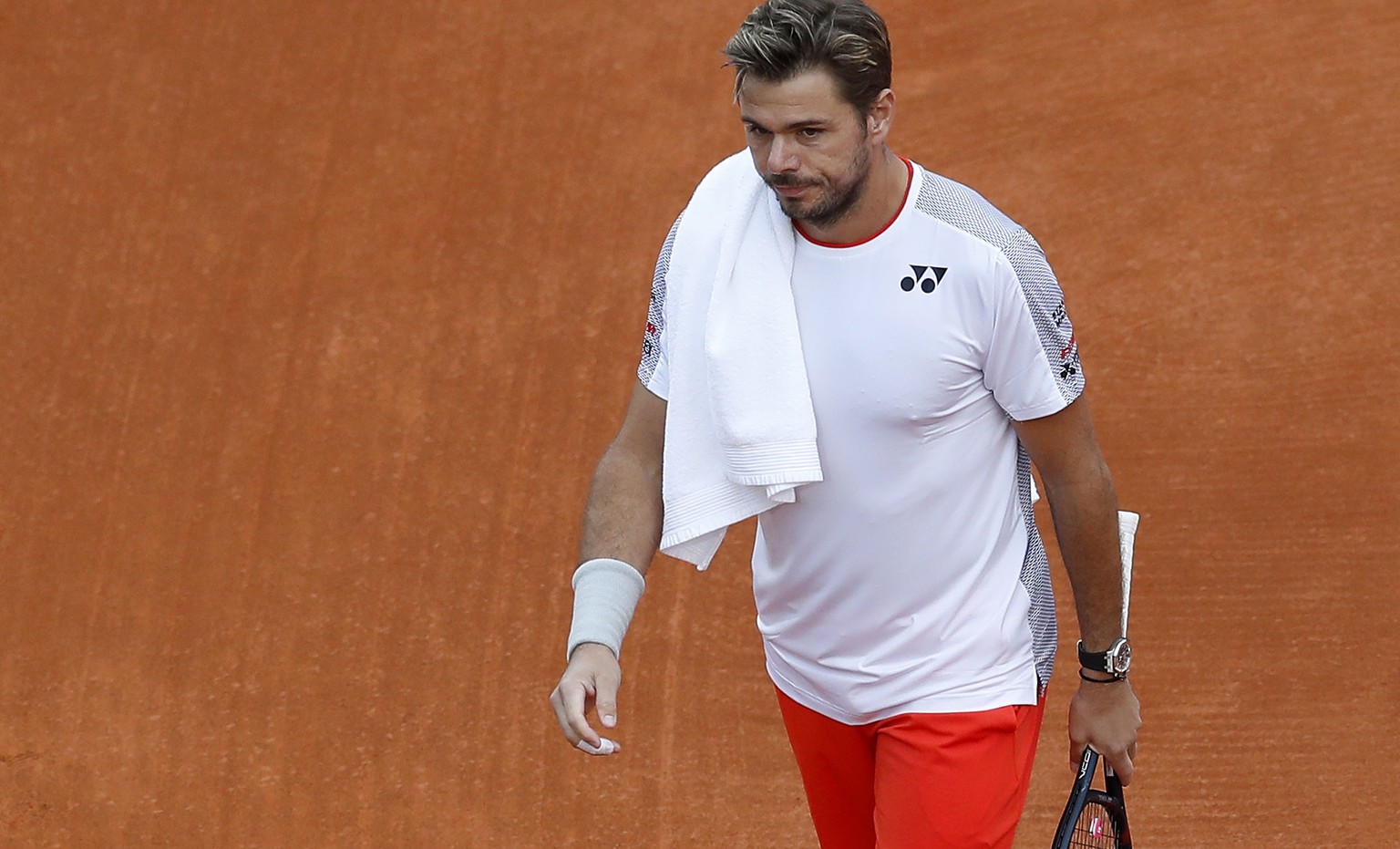 epa07510540 Stan Wawrinka of Switzerland during his second round match against Marco Cecchinato of Italy at the Monte-Carlo Rolex Masters tournament in Roquebrune Cap Martin, France, 16 April 2019. EP ...