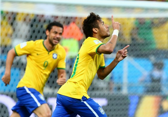 Soccer: World Cup-Brazil vs Croatia Jun 12, 2014 Sao Paulo, BRAZIL Brazil forward Neymar 10 celebrates after scoring a goal against Croatia in the first half of the opening game of the 2014 World Cup  ...