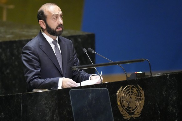 Armenia&#039;s Foreign Minister Ararat Mirzoyan addresses the 78th session of the United Nations General Assembly, Saturday, Sept. 23, 2023, at United Nations headquarters. (AP Photo/Mary Altaffer)
Ar ...