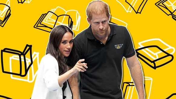 Prinz Harry und Meghan Markle vor ein paar stylisierten Büchern