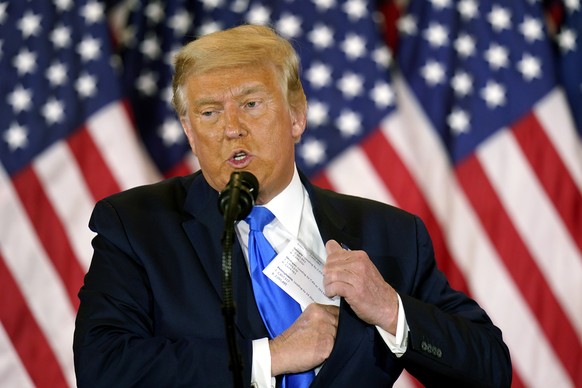 epa08821908 (FILE) - US President Donald J. Trump speaks on the election night at an event at the White House in Washington, DC, USA, 04 November 2020 (15 November 2020). President Donald Trump has fi ...