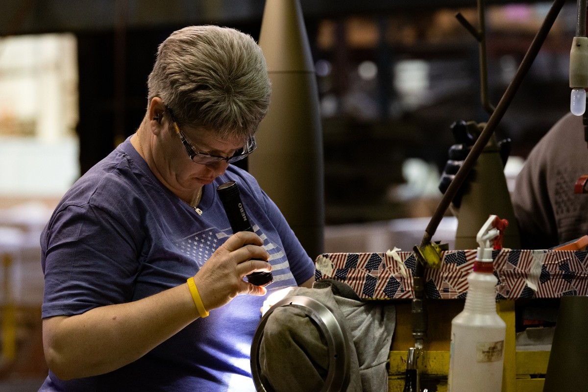SCRANTON, PA - APRIL 12: A worker inspects a part in the production shop at the Scranton Army Ammunition Plant on April 12, 2023 in Scranton, Pennsylvania. The U.S. Army is rapidly moving to scale up  ...