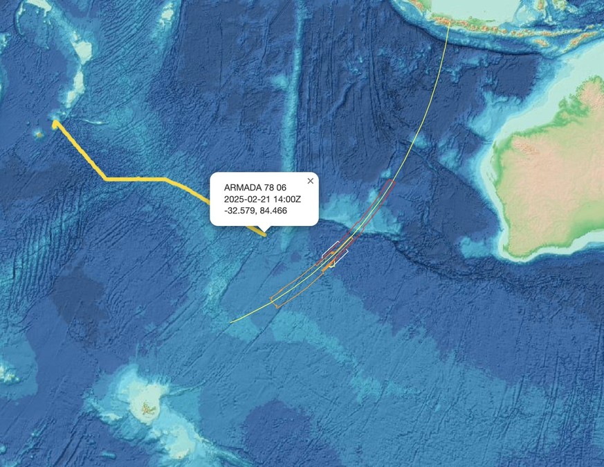Das Spezialschiff Armada 7806 von Ocean Infinity nähert sich dem mutmasslichen Absturzgebiet von MH370. (21. Februar 2025)