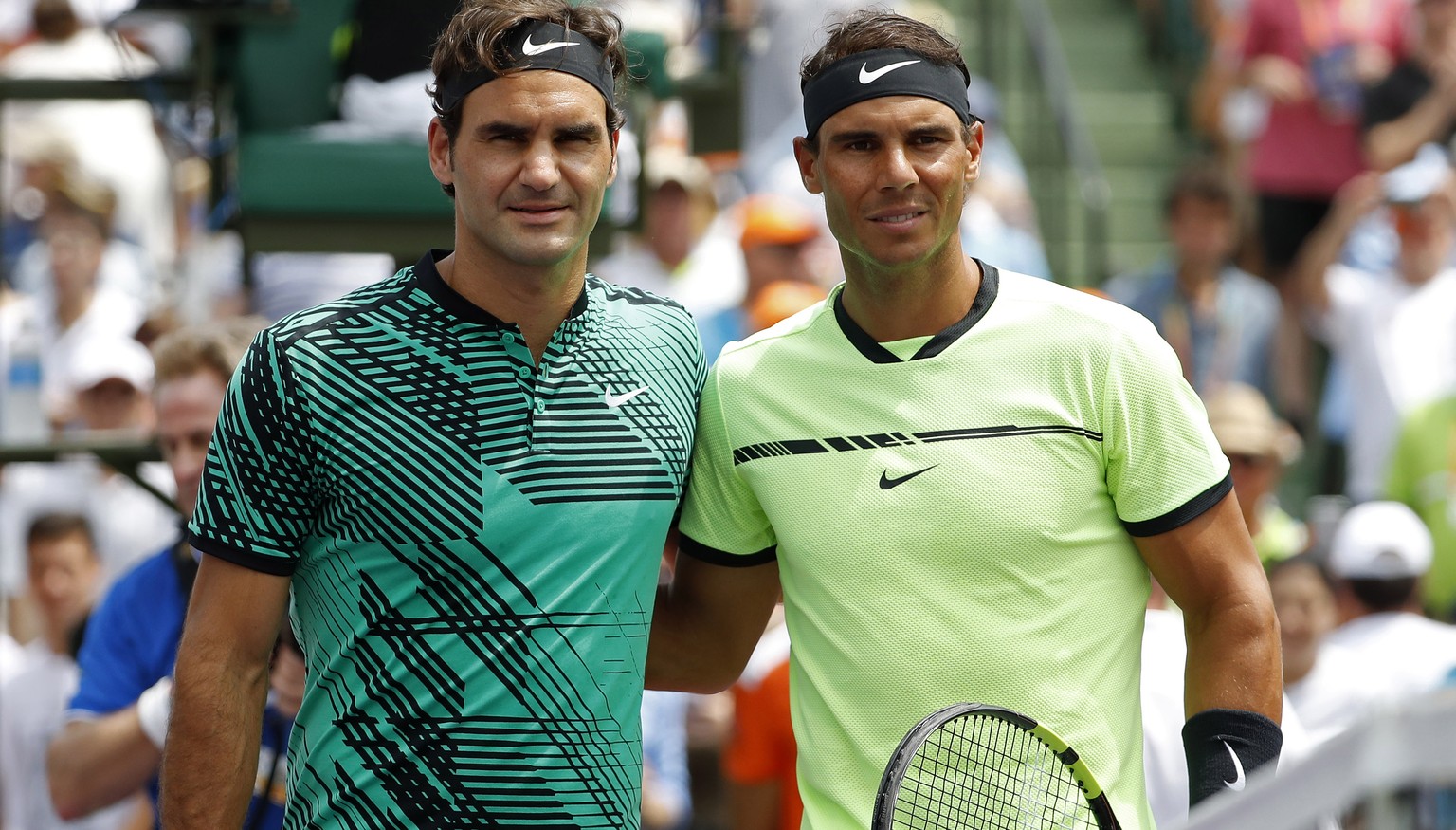 Apr 2, 2017; Key Biscayne, FL, USA; Roger Federer of Switzerland (L) and Rafael Nadal of Spain (R) pose for a picture prior to their match in the men&#039;s singles championship of the 2017 Miami Open ...