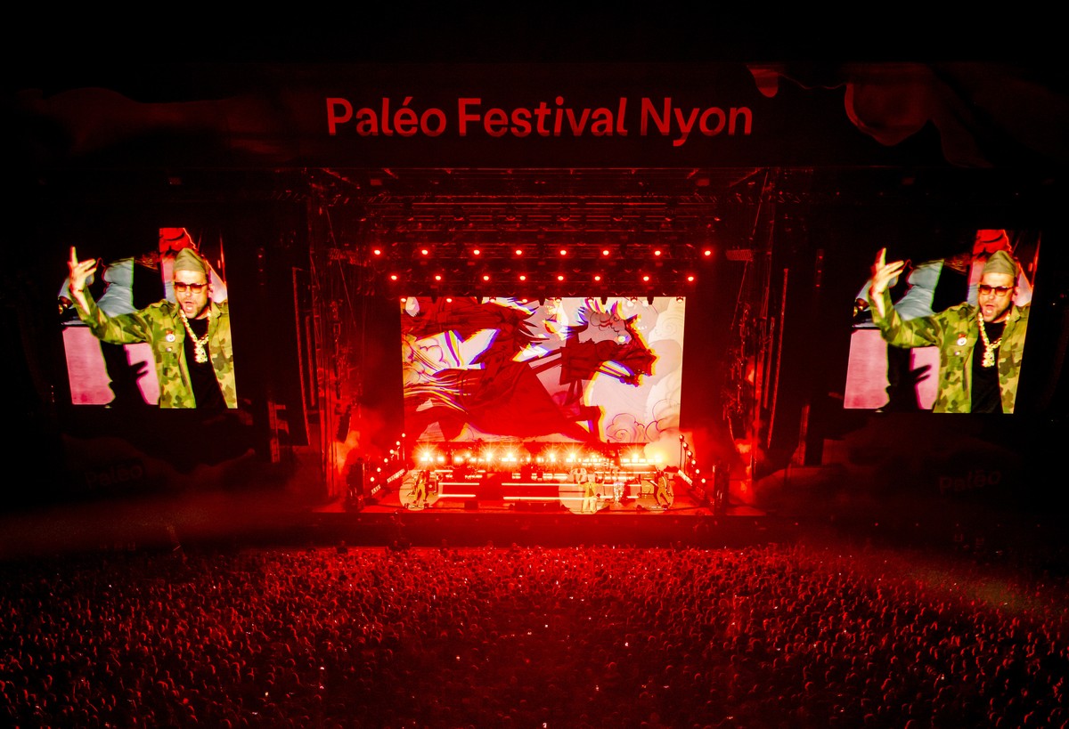 epa13129221 British alternative rock band Gorillaz performs on the Main stage at the 49th edition of the Paleo Festival in Nyon, Switzerland, 23 July 2026. EPA/JEAN-CHRISTOPHE BOTT