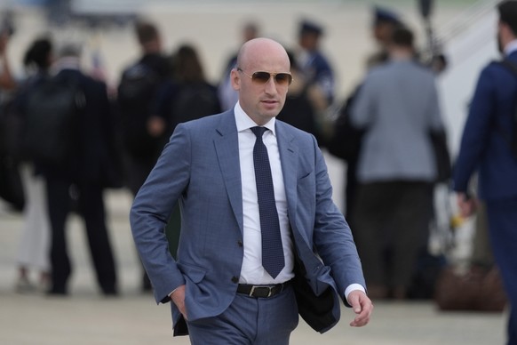 White House deputy chief of staff for policy Stephen Miller walks after arriving with President Donald Trump on Air Force One at Joint Base Andrews, Tuesday, July 1, 2025, after visiting a migrant det ...