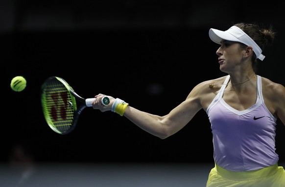 epa08213515 Belinda Bencic of Switzerland in action against Svetlana Kuznetsova of Russia during their match at the St.Petersburg Ladies Trophy 2020 WTA tournament in St.Petersburg, Russia, 12 Februar ...