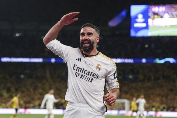 Real Madrid&#039;s Dani Carvajal reacts during the Champions League final soccer match between Borussia Dortmund and Real Madrid at Wembley stadium in London, Saturday, June 1, 2024. (AP Photo/Ian Wal ...