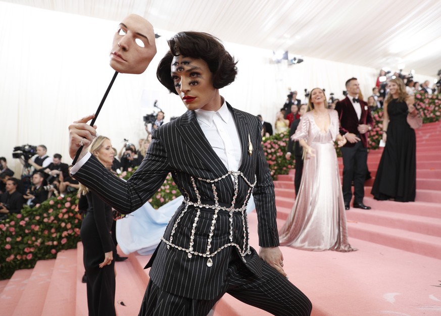 epa07552556 Ezra Miller arrives on the red carpet for the 2019 Met Gala, the annual benefit for the Metropolitan Museum of Art's Costume Institute, in New York, New York, USA, 06 May 2019. The ev ...
