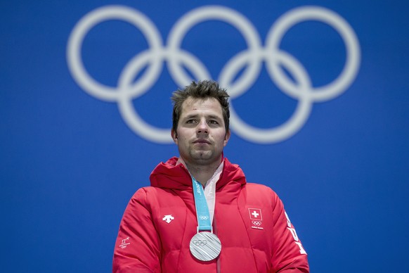 Beat Feuz of Switzerland reacts during the victory ceremony on the Medal Plaza for the men Alpine Skiing Super G race at the XXIII Winter Olympics 2018 in Pyeongchang, South Korea, on Friday, February ...