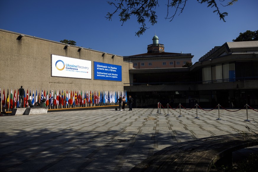 The entrance of the Palazzo dei Congressi is seen before the Ukraine Recovery Conference URC, on Sunday July 3, 2022 in Lugano, Switzerland. The URC is organised to initiate the political process for  ...