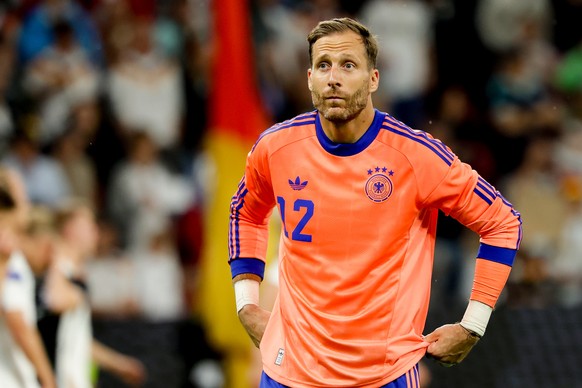 epa13007520 Goalkeeper Oliver Baumann of Germany looks on after the friendly soccer match between Germany and Finland in Mainz, Germany, 31 May 2026. EPA/CHRISTOPHER NEUNDORF