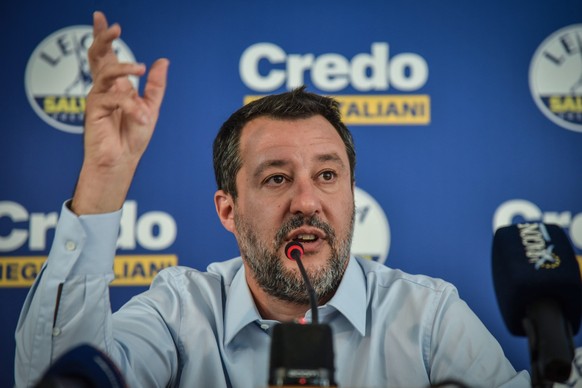 epa10207366 Matteo Salvini, the Secretary of the Italy League pary, speaks during a press conference in the headquarters of the party in Bellerio street, Milan, 26 September 2022. 'A phase of reorgani ...