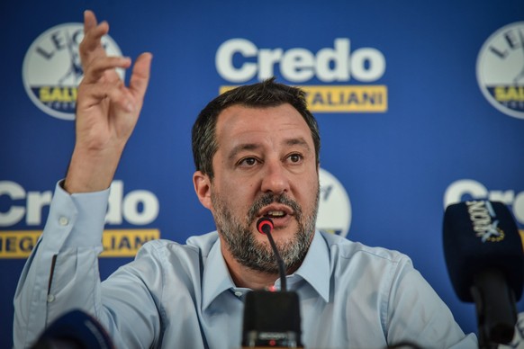 epa10207366 Matteo Salvini, the Secretary of the Italy League pary, speaks during a press conference in the headquarters of the party in Bellerio street, Milan, 26 September 2022. &#039;A phase of reo ...