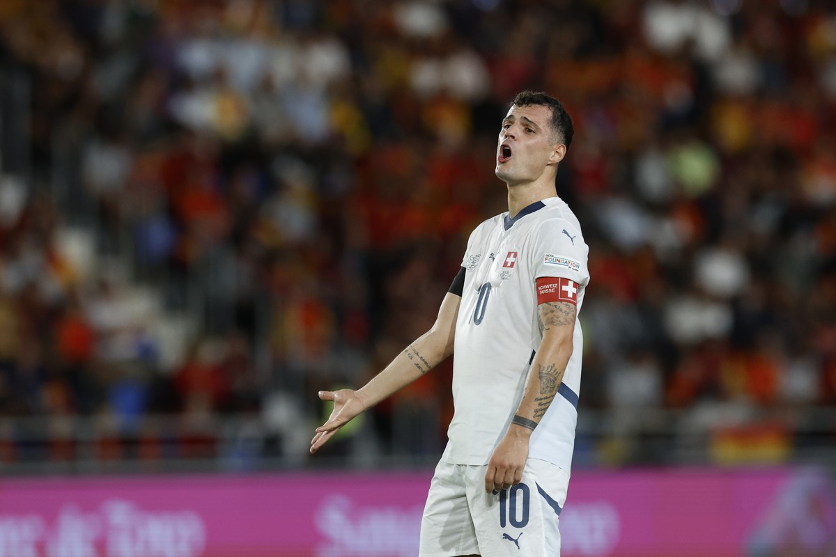 Switzerland's Granit Xhaka reacts during a Nations League soccer match between Spain and Switzerland, at the Heliodoro Rodr