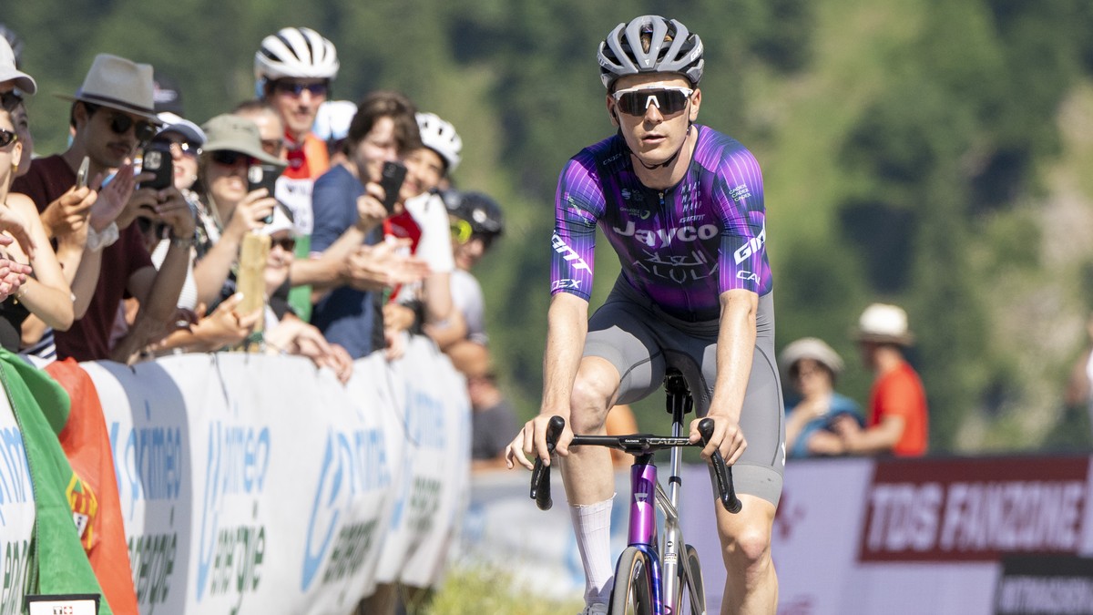 Mauro Schmid from Switzerland of Team Jayco AlUla at the eigth stage, a 10.1 km Mountain time trial from Beckenried to Stockhuette, at the 88th Tour de Suisse UCI World Tour cycling race, on Sunday, J ...