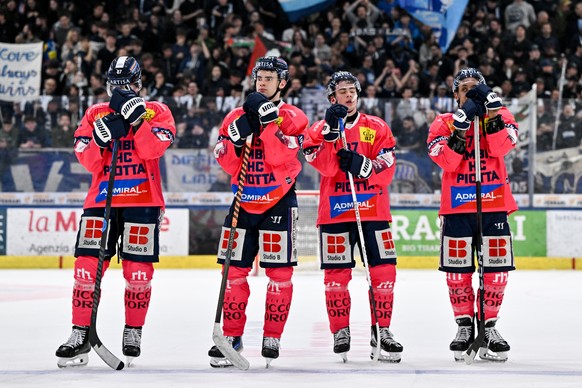 Dario Buergler (HCAP) Manix Landry (HCAP), Lukas Landry (HCAP) and Michael Joly (HCAP) disappointed after the loss, during the regular season National League game between HC Ambri Piotta and HC Davos  ...