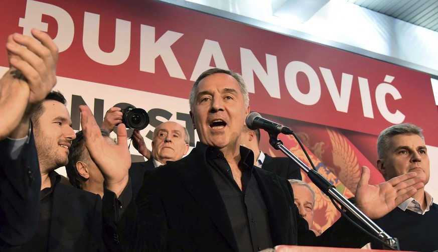 Montenegro&#039;s former prime minister and long-ruling Democratic Party of Socialists leader Milo Djukanovic speaks during a celebration after presidential elections in Montenegro&#039;s capital, Pod ...