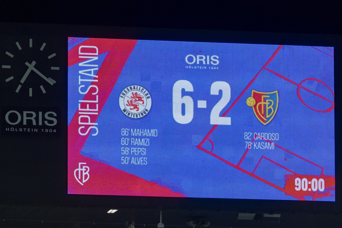 Die Anzeigetafel zeigt das Schlussresultat von 6:2 an nach dem Schweizer Fussball Cup Achtelfinal zwischen dem FC Winterthur und dem FC Basel 1893 im Stadion St. Jakob-Park in Basel, am Mittwoch, 17.  ...