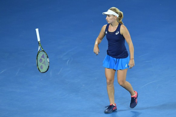 epa05738134 Daria Gavrilova of Australia reacts and throws the racquet during her Women&#039;s Singles third round match against Timea Bacsinszky of Switzerland at the Australian Open Grand Slam tenni ...