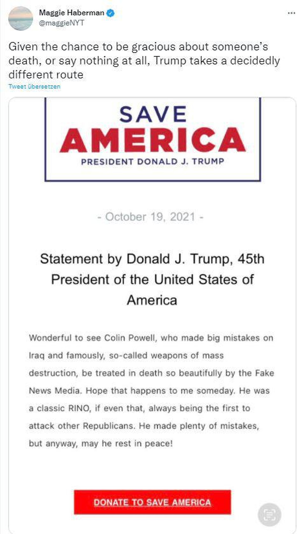 Trumps Statement zu Colin Powell.