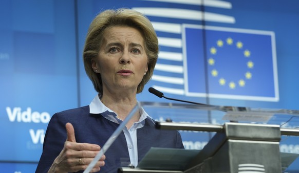 epa08380373 European Commission President Ursula Von Der Leyen speaks during a news conference after a video conferenced EU summit with European heads of state and governments to discuss measures rela ...