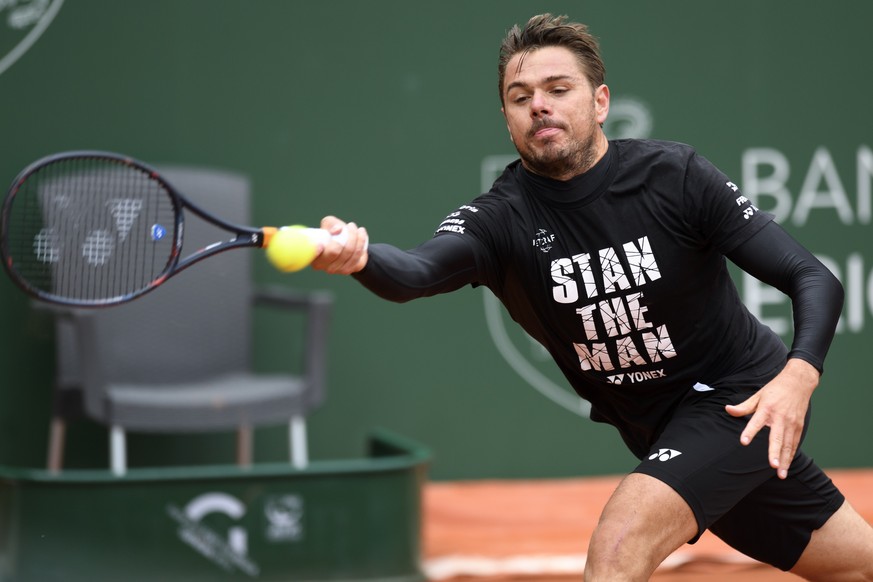 Switzerland&#039;s tennis player Stanislas &quot;Stan&quot; Wawrinka in action during a training session prior to the Geneva Open ATP 250 Tennis tournament, in Geneva, Monday, May 21, 2018. (KEYSTONE/ ...