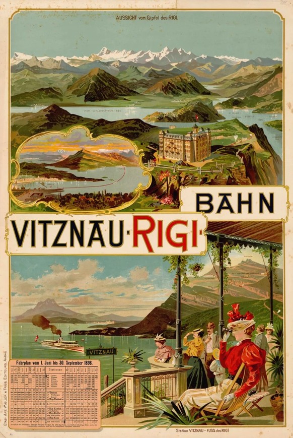 Die enge Verknüpfung von Bahn und Tourismus wurde besonders deutlich auf Werbeplakaten – wie hier am Beispiel der Vitznau-Rigi-Bahn von 1898, auf dem der Fahrplan abgedruckt war.
https://sammlung.verk ...