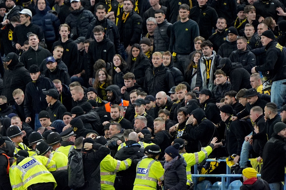 Young Boys' fans cause trouble during the Europa League soccer match between Aston Villa and Young Boys in Birmingham, England, Thursday, Nov. 27, 2025. (Joe Giddens/PA via AP)
Britain Europa Lea ...
