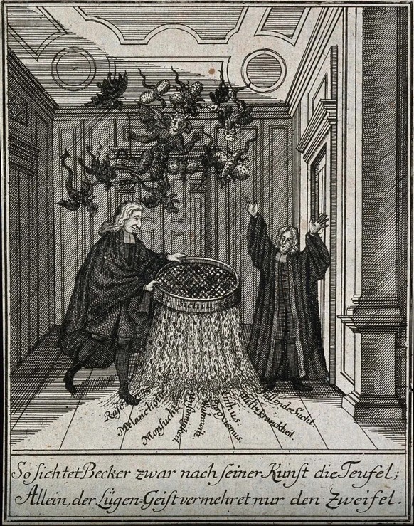 Eine Darstellung aus dem Jahr 1731 zeigt die Melancholie und weitere Krankheiten, welche die Teufel zu den Menschen brachten.
https://wellcomecollection.org/works/mj7pcwn6/images?id=xfettf47