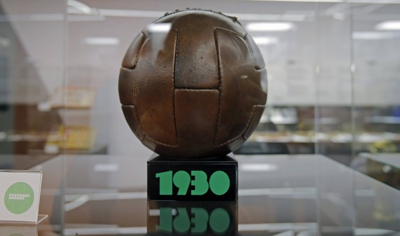 221102 -- ROMANIA, Nov. 2, 2022 -- A replica of the official football for the first World Cup hosted by Uruguay in 1930 is seen on the opening day of a football museum in Bucharest, Romania, Nov. 1, 2 ...